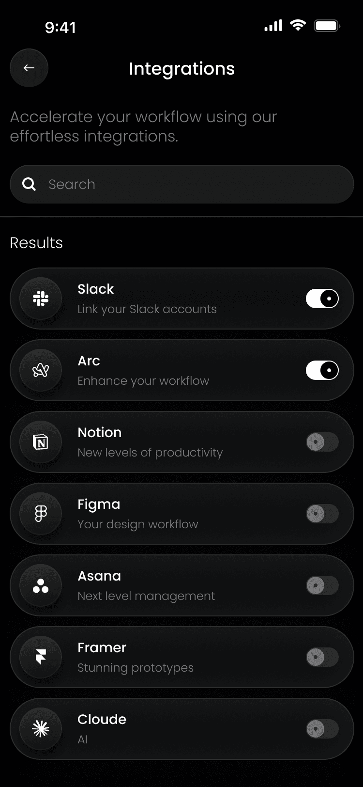 Integrations app screen
